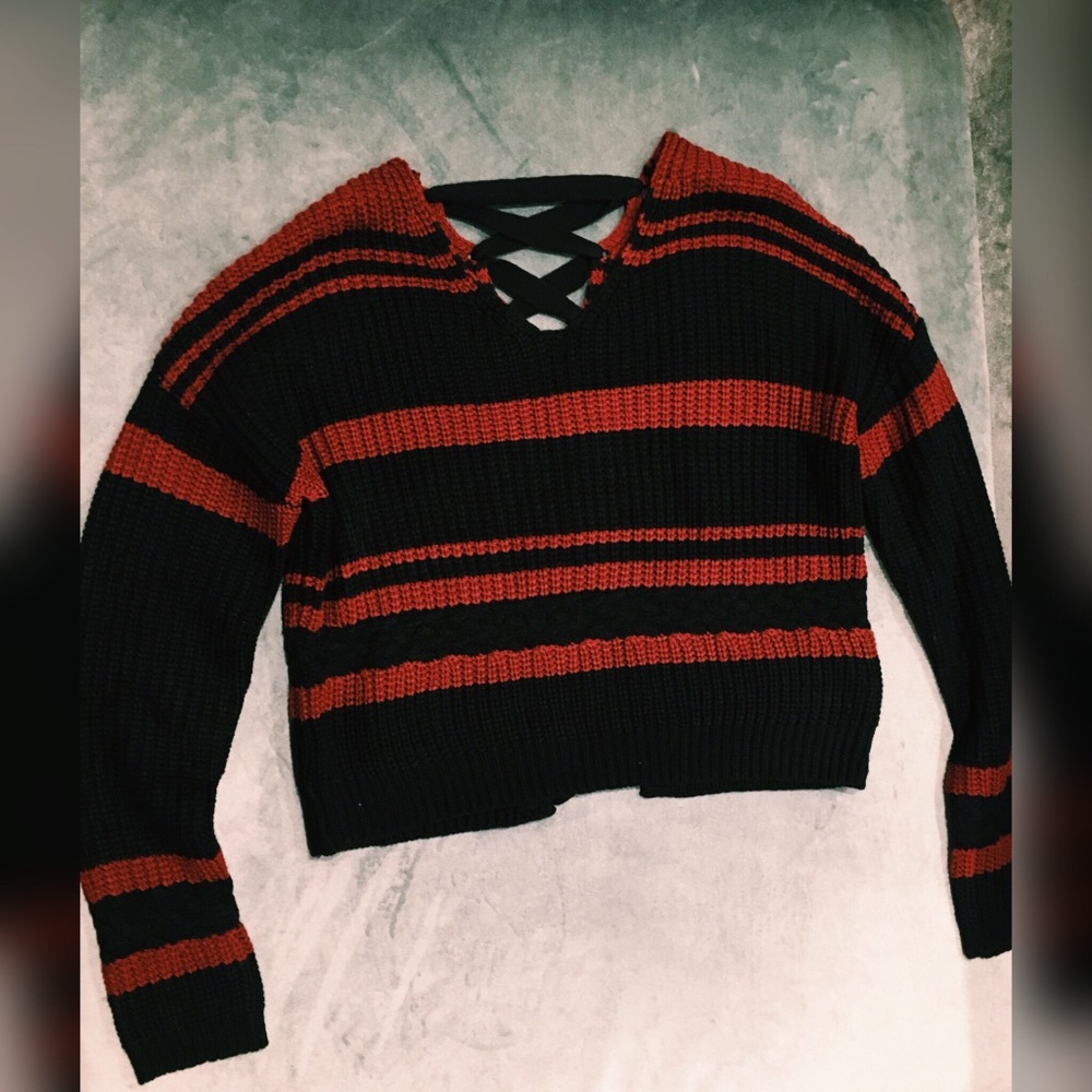 DEREK HEART Burgundy & Black Striped Sweater